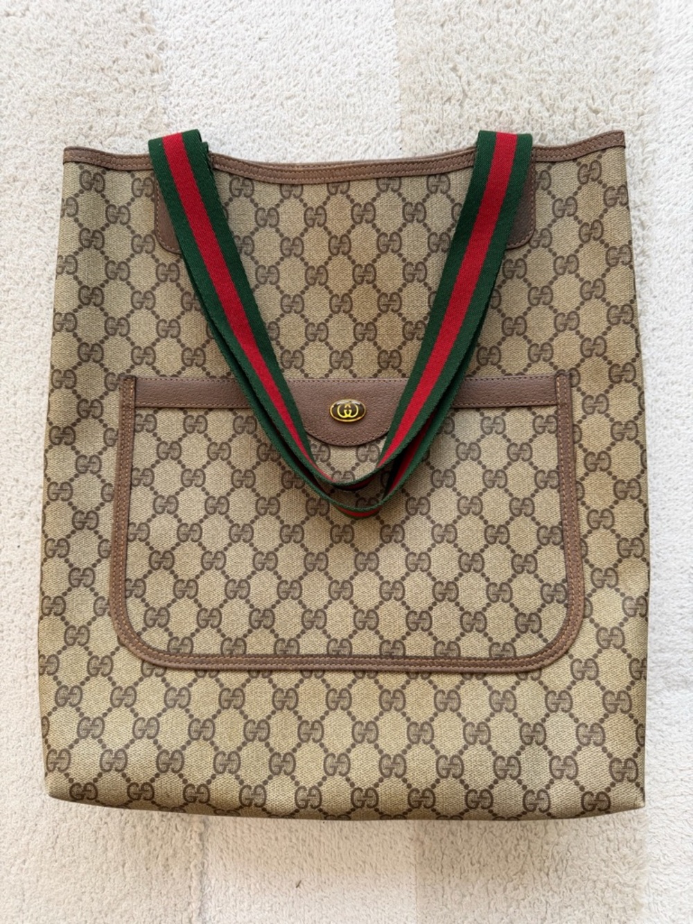 Gucci Beige GG Supreme Tote with Green-Red Web Straps